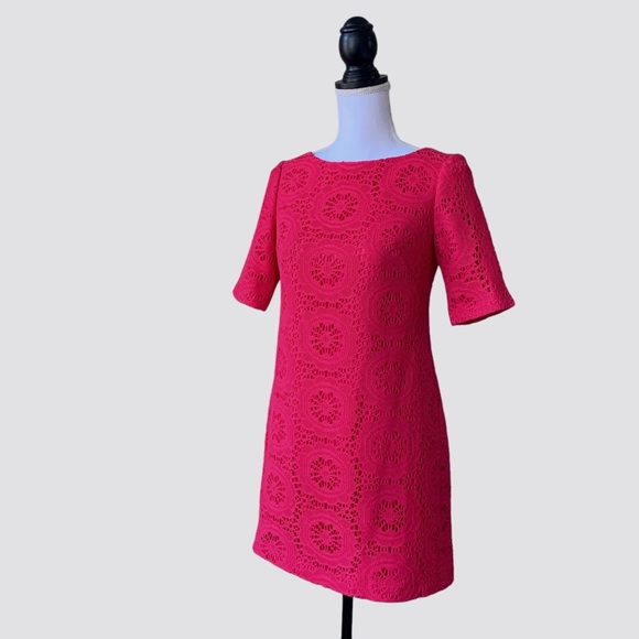 ADRIANNA PAPELL HOT PINK MEDALLION LACE CUTOUT SHIFT DRESS - Picture 13 of 16